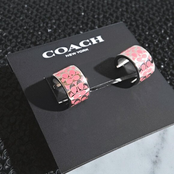 Coach Signature Enamel Huggie Earrings in Silver & Pink NWT - Picture 2 of 14